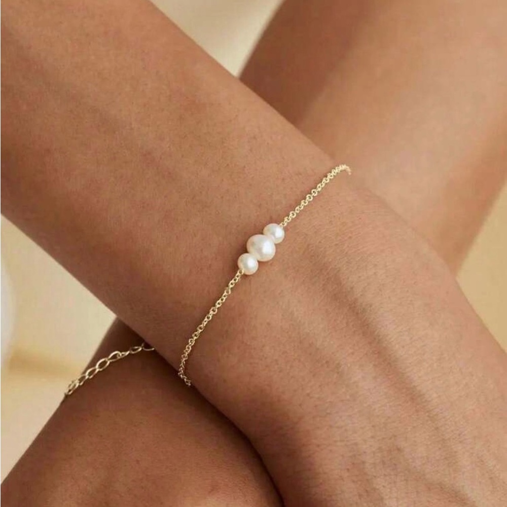 Delicate Gold Tone and Faux Pearl Trio Bracelet - Picture 2 of 4